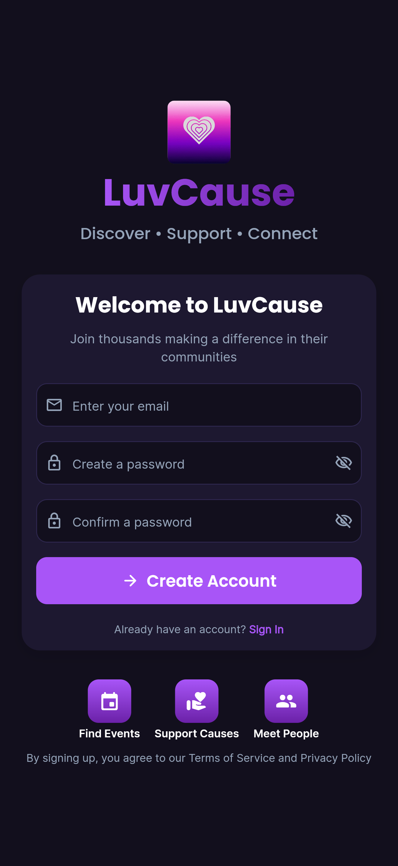 LuvCause signup screen — welcome to a community making a difference